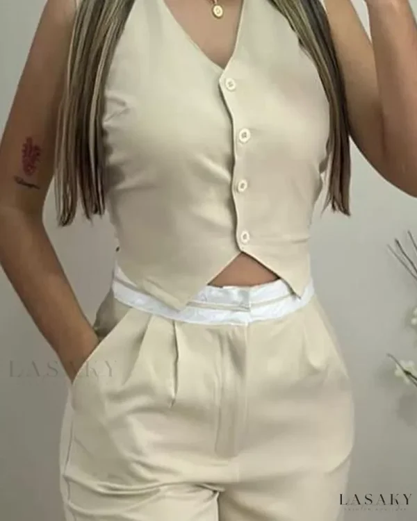 Lasaky - Two-Piece V-Neck Vest Top with Button Detail and Pocketed Pants Ensemble