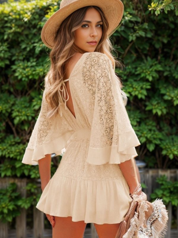 Ruffle Hem Tie Back Lace Mini Dress - Cream / XL