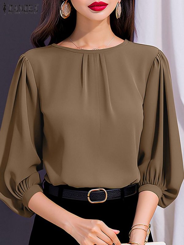 ZANZEA Women Elegant 3/4 Lantern Sleeve Solid Blouse Casual Office Work Tops Female Loose Party