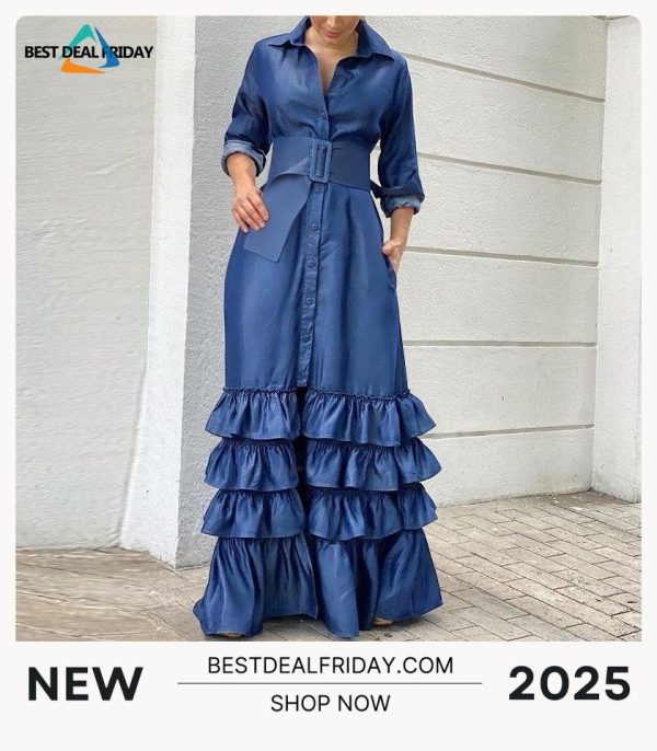 Long Solid Lapel Buttoned Belt Dress