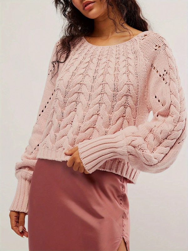 Women Cropped Cable Sweaters Cute Solid Color Long Sleeve Pullover Tops Knitwear For Fall Warm Streetwear