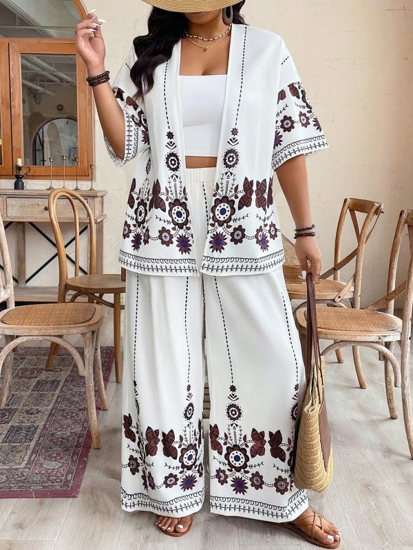 2pcs Summer Vacation Women Outfit - Women's Floral Print 3/4 Sleeve Shirt Top And Elastic Waist Straight Leg Pants, Casual Going Out And Beach Attire, Plus Size