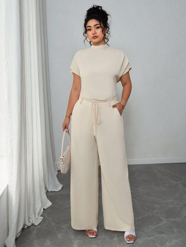 Women Plus Size Apricot Color Regular Casual Short Sleeve Top And Pants 2 Pieces Set