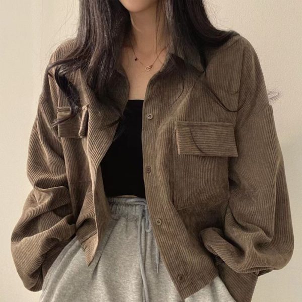 Autumn Retro Versatile Single Breasted Turndown Collar Long Sleeved Jacket for Women Coffee Casual