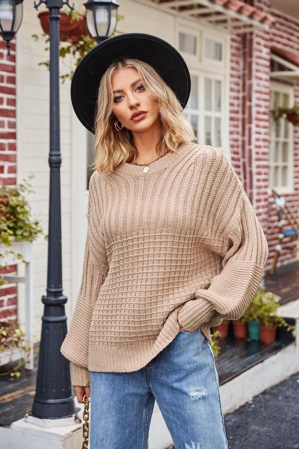 Ribbed Drop Shoulder Lantern Sleeve Sweater - Cloudy Blue / L