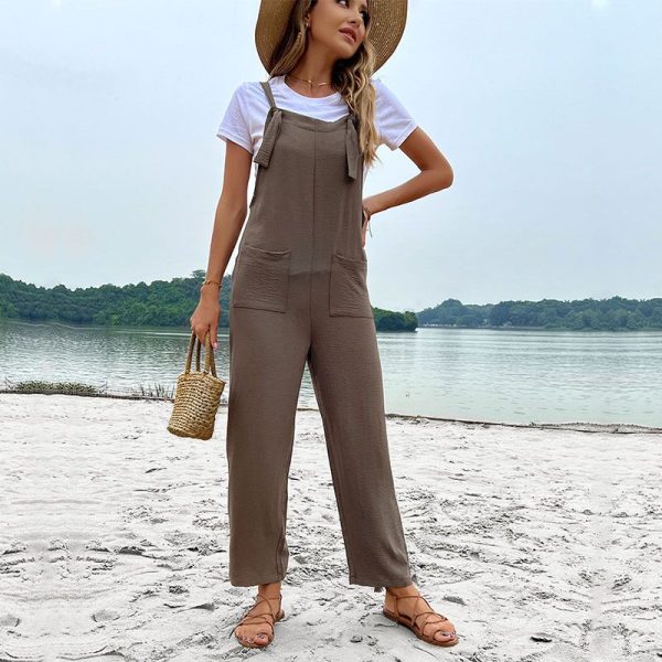 Solid Color Cropped Straight Bib Women's Jumpsuit