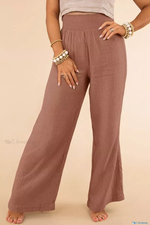 OrcaJump - Textured High Waist Wide Leg Plus Size Pants with an Elegant Flair - Pink Textured High Waist Wide Leg Plus Size Pants, (US 22-24)3X