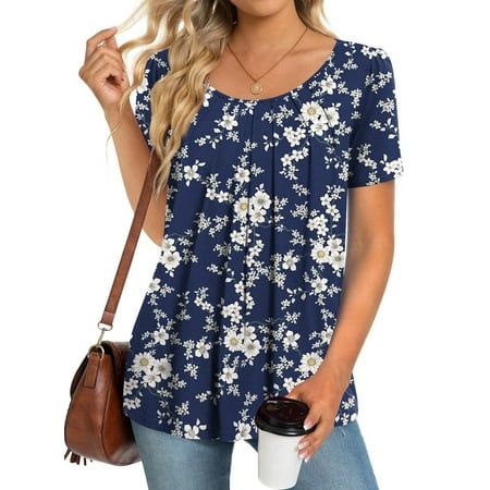 Fantaslook Dressy Blouses for Women Pleated Short Sleeve Tunic Tops Casual Floral Shirts, Women's, Size:XL, Blue
