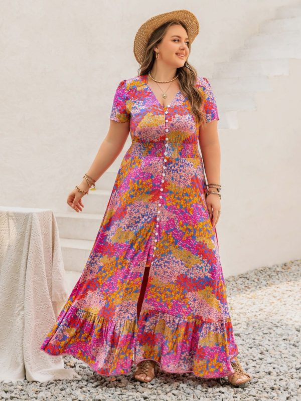 Hazel Blues® | Button Up Printed Short Sleeve Maxi Dress - Fuchsia Pink / 4XL