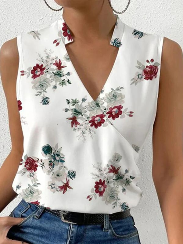 Flower Print Split-Joint Loose Plus Size V-Neck Vest Top WHITE-2XL