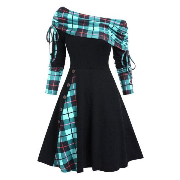 Convertible Neck Cinched Plaid Color Blocking Flare A Line Dress Long Sleeve Dress For Women Fashion