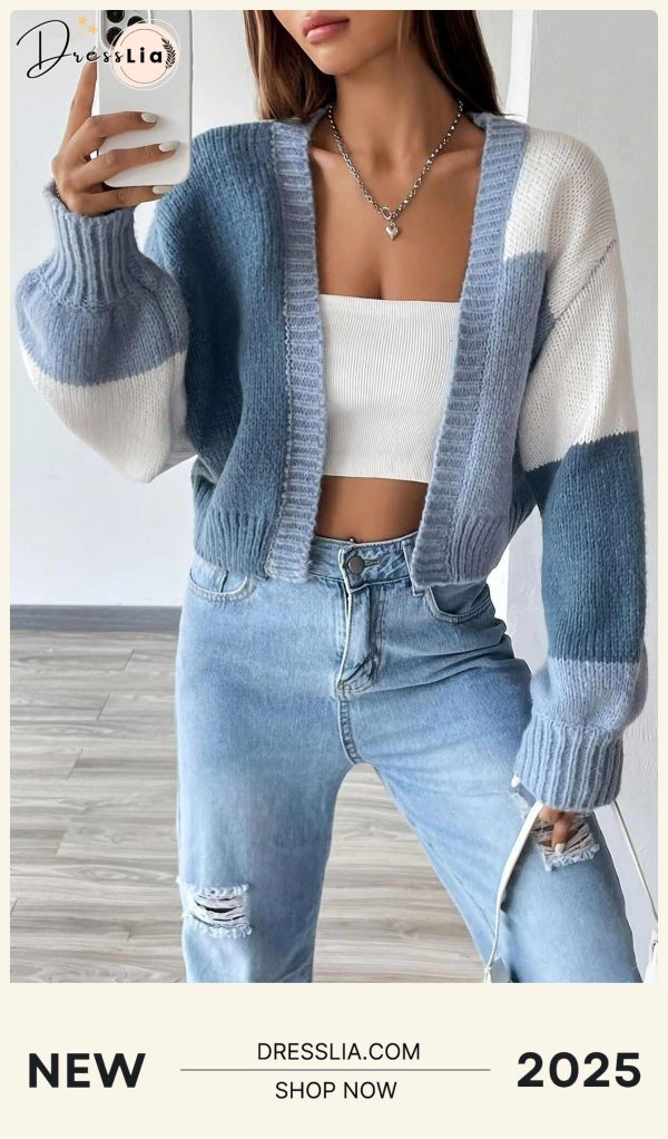 Color Block Cardigan with Long Sleeves and An Open Front