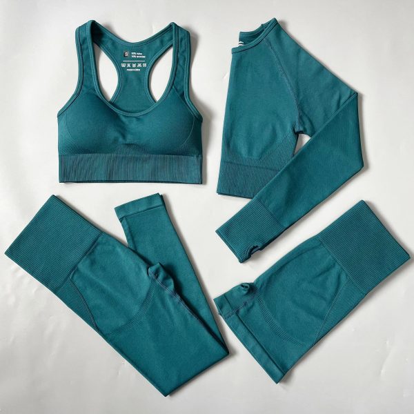 2/3/4PCS Seamless Women Yoga Set Workout Sportswear Gym Clothes Fitness Long Sleeve Crop Top High Waist Leggings Sports Suit - Bra shorts Black / M