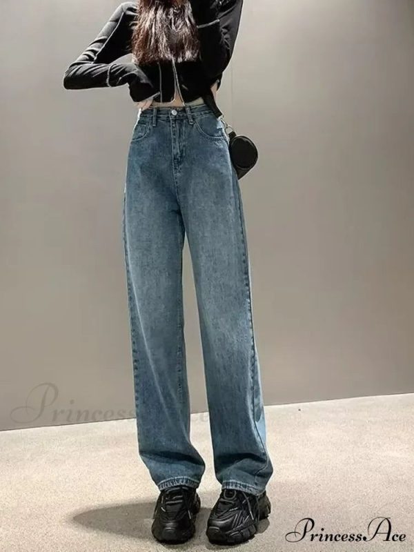 For Women With Plush Loose Legs New Autumn Slim Straight Leg Jean - BLUE / XL