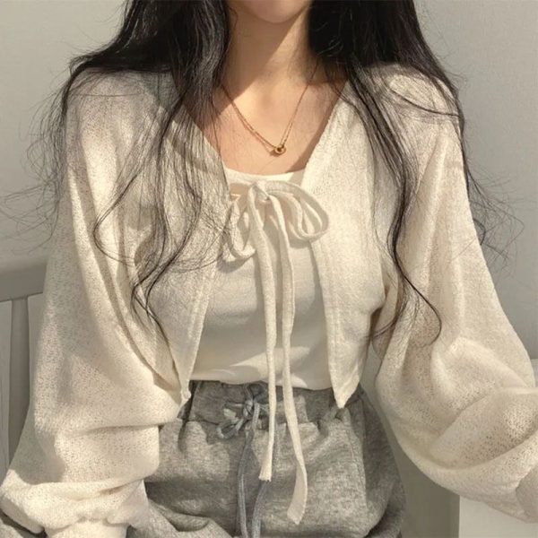 Lucyever White Knitted Cardigan Women Summer Thin Sunscreen Lace-Up Knitwear Tops Female Korean