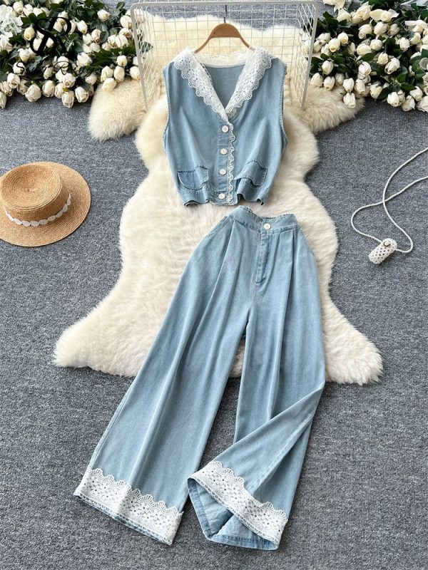 SINGREINY Fashion Korean Two Piece Suits Women Single Breasted Basic Tops+Wide Legs Pants Streetwear