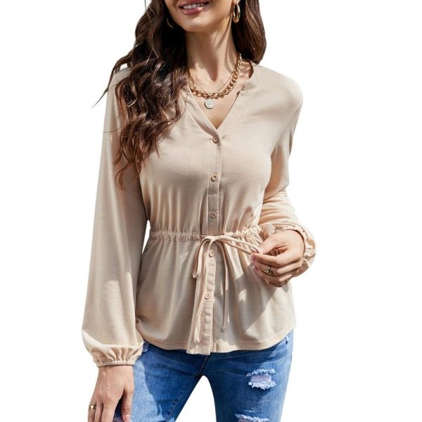 Womens Long Sleeve Shirts Front Button Down V Neck Blouse Waist Drawstring Peplum Blouse Casual Tops with Gathered Cuff,Apricot - L