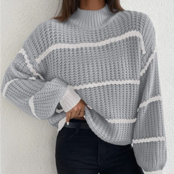 Avery Reigns Tops | Striped Mock Neck Drop Shoulder Turtleneck Sweater | Color: Gray | Size: Various