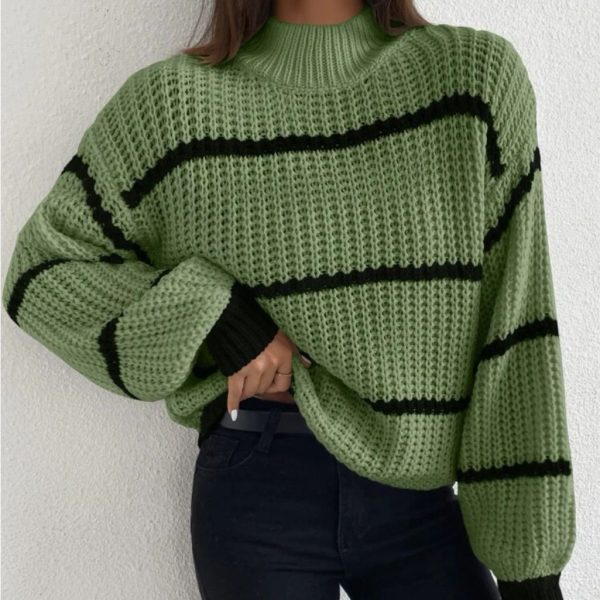 Avery Reigns Tops | Striped Mock Neck Drop Shoulder Turtleneck Sweater | Color: Green | Size: Various