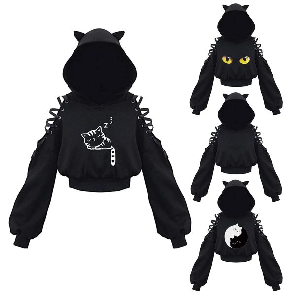 Women's Clothes Solid Color Gothic Hoddies Women's Sweatshirt Hollow Out Long Sleeve Hodded Casual