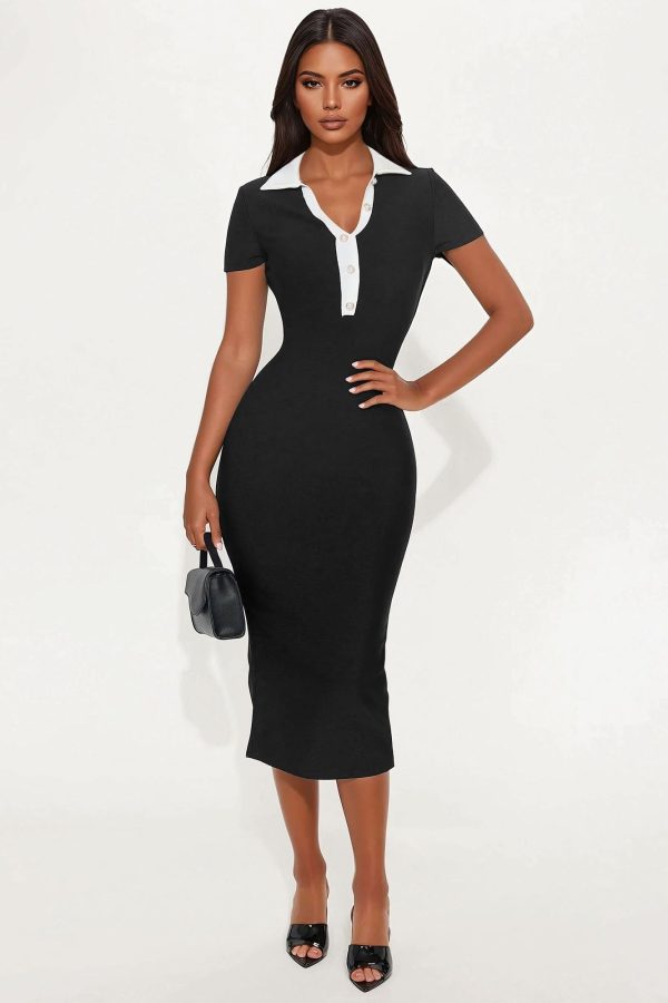 Women's Alba Collared Bandage Midi Dress in Black Size 1X