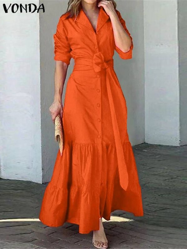 VONDA Plus Size 5XL Long Sleeve Shirt Dress Elegant Women Ruffled Sundress Buttons Solid Color