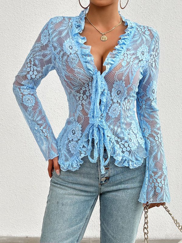 Ruffled Lace Sheer Long Sleeves Lace-Up Bow Blouse,Sky Blue/XL