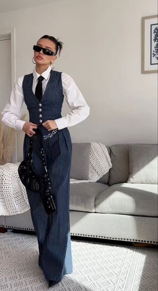 Pinstripe Wide Leg 2-piece Suit