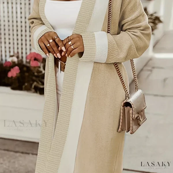 Lasaky - Womens Clothing: Professional Color Block Open Front Knit Cardigan with Casual Long Sleeves and Mid-Length Design