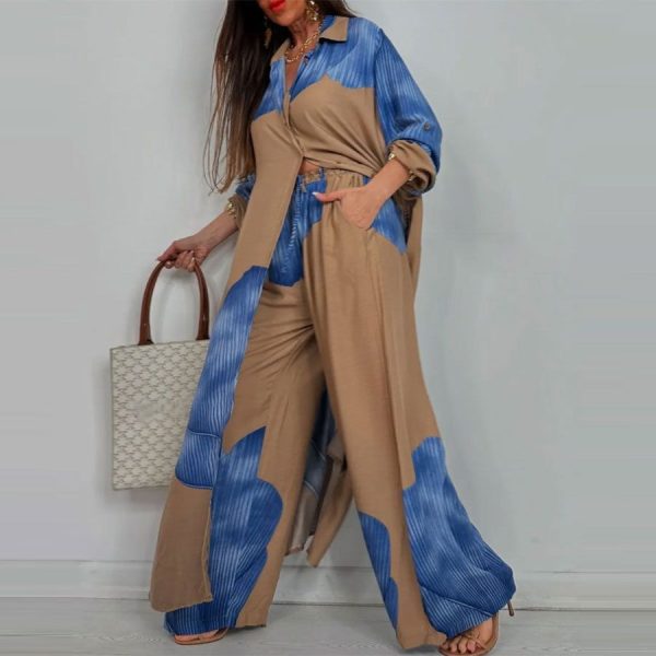 Casual Loose Print Long Shirt Top + Wide Leg Pants Two Piece Sets Women Spring Fashion