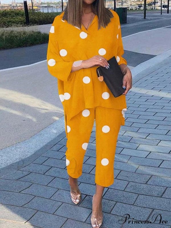 Women's - Set Vintage Arm Long Pants Flowered Warm-Season Design and Blouse Outfit - Yellow 5XL