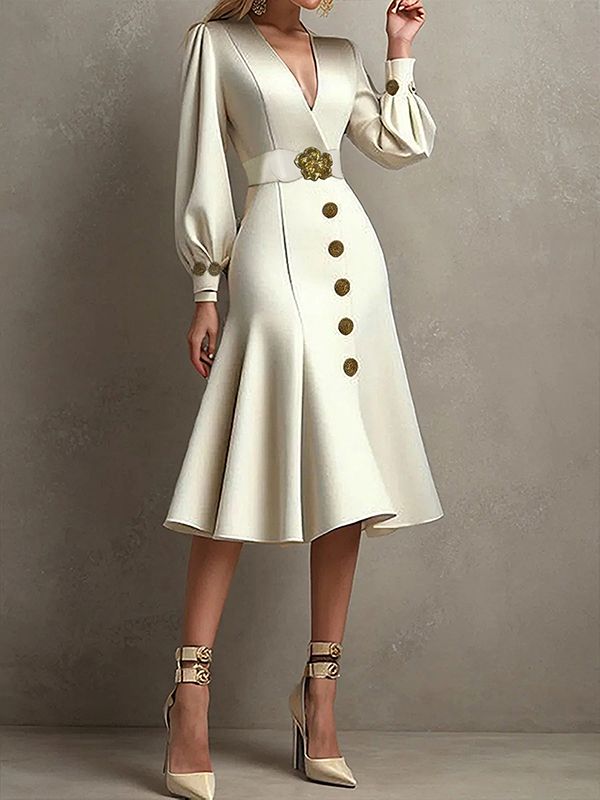 Loose Puff Sleeves Pleated Split-Joint Tied Waist V-Neck Midi Dresses WHITE-XL