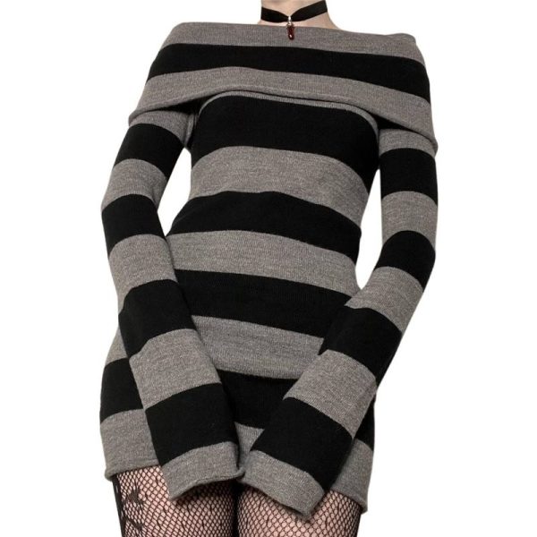 Lamuusaa Gothic Dress Women Punk Style Witchy Dark Academia Off Shoulder Long Sleeve Knitted Dress