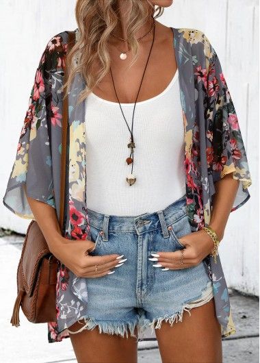 Tops For Women Floral Print Dark Grey 3/4 Sleeve Light Cardigan