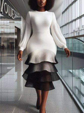StyleWe Women Elegant Midi Dress Natural X-Line Crew Neck Balloon Sleeve Spring/Fall For Together