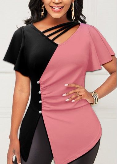 Pink Side Slit Contrast T Shirt