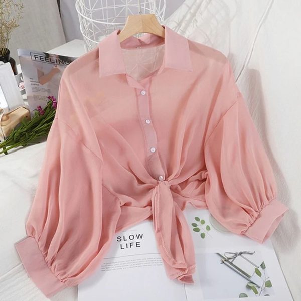 Casual Loose Hollow White Clothes Elegant Solid Color Tied Waist Blouse Women Summer Bat Half Sleeve