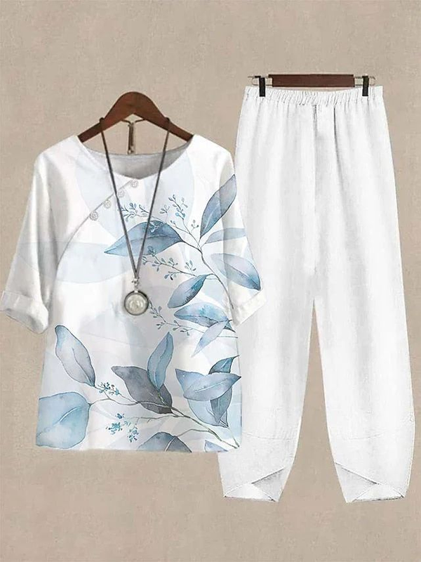 Women Floral Casual Two-Piece Sets Crew Neck Daily Top With Pants