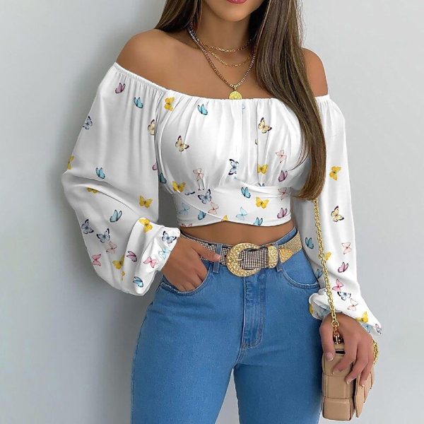 Women's Blouse Flower Elegant Modern Long Sleeve Off Shoulder Crop Tops Daily Holiday Going out Print White Red Blue Summer