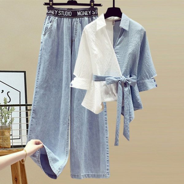 Womens pants summer solid color 3XL size traf Korean color block shirt jeans fashion high waist loose casual y2k Womens jeans M-Shirt and jeans