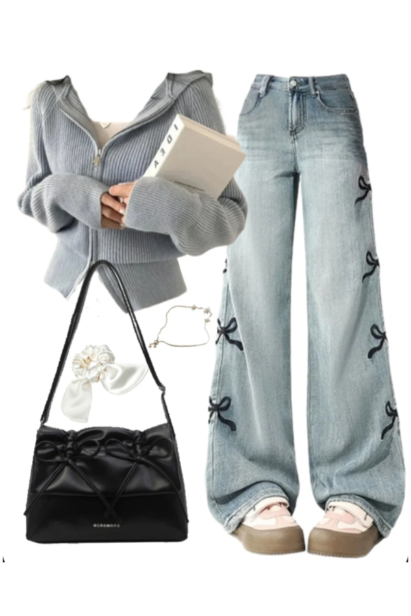 OOTD: Zip Up Cardigan + Boyfriend Jeans + Leather Shoulder Bag School Outfits