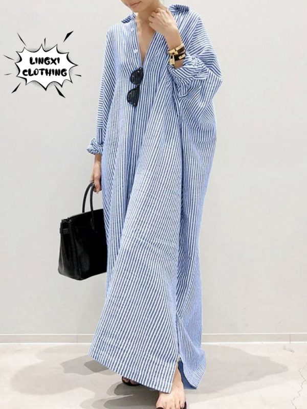 Plus Size New Women's Gown Fashion Stripe Single Breasted Shirt Loose Casual Style Elegant Women's