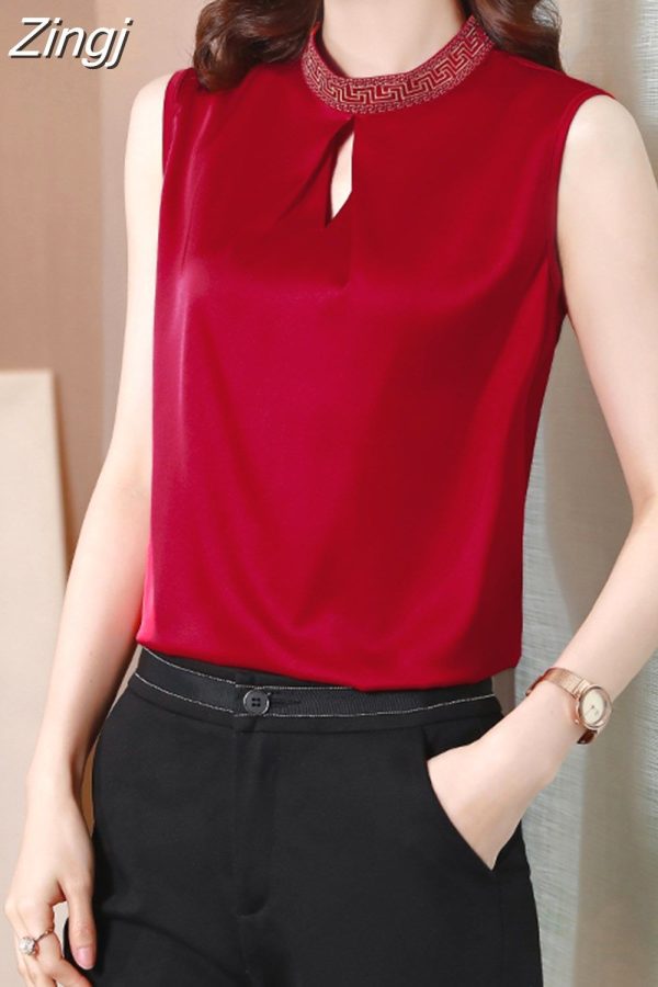 Zingj Summer Women's Shirt Chiffon Blouses for Women Sleeveless Solid Shirt Chinese Stand Neck Blouse Female Embroiderey Shirts Cherry red-M