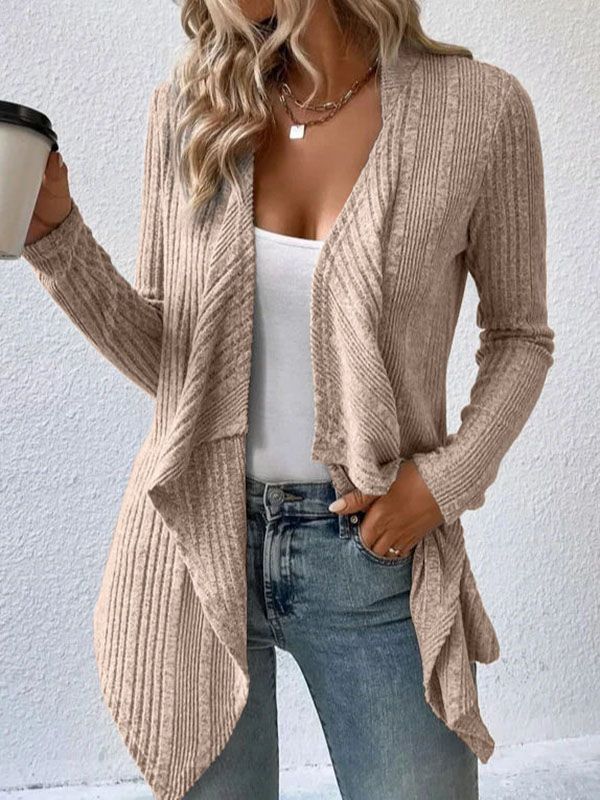Solid Color Long Sleeves Loose Collarless Cardigan Tops KHAKI-M