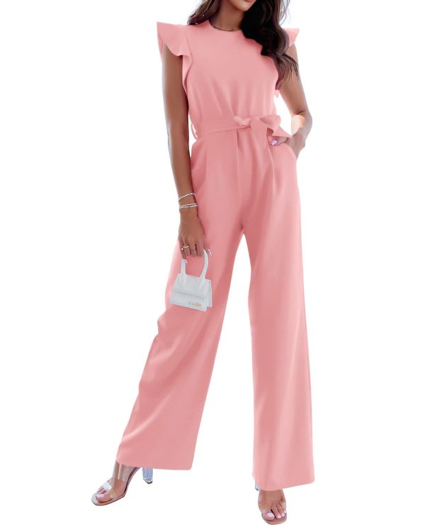 BTFBM Women Jumpsuits Crew Neck Ruffle Cap Sleeve Belted High Waist Wide Leg Romper with Pockets One Piece Casual Outfits