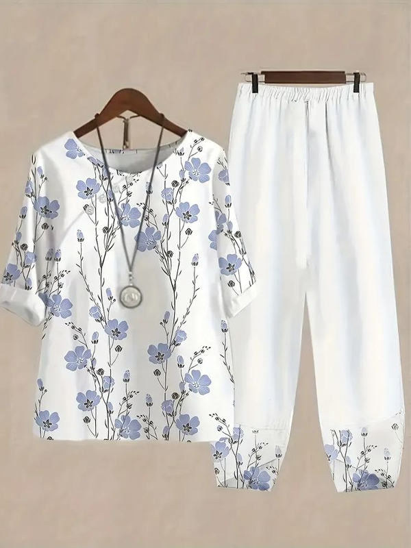 Women Floral Casual Two-Piece Sets Crew Neck Daily Top With Pants
