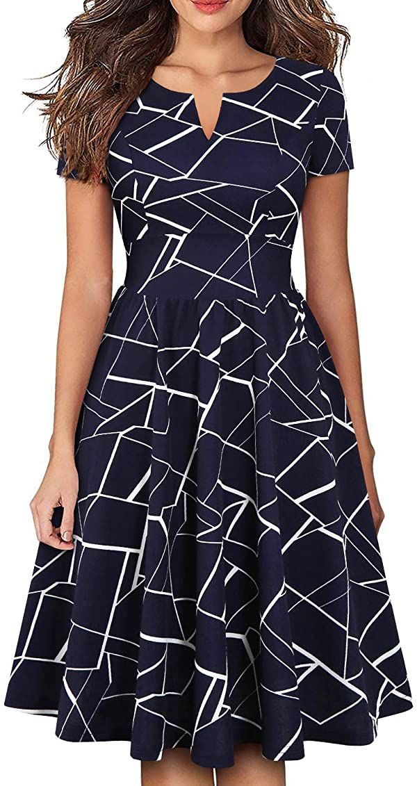 YATHON Women's Vintage Pleated Flared Swing A-Line Casual Party Work Dresses