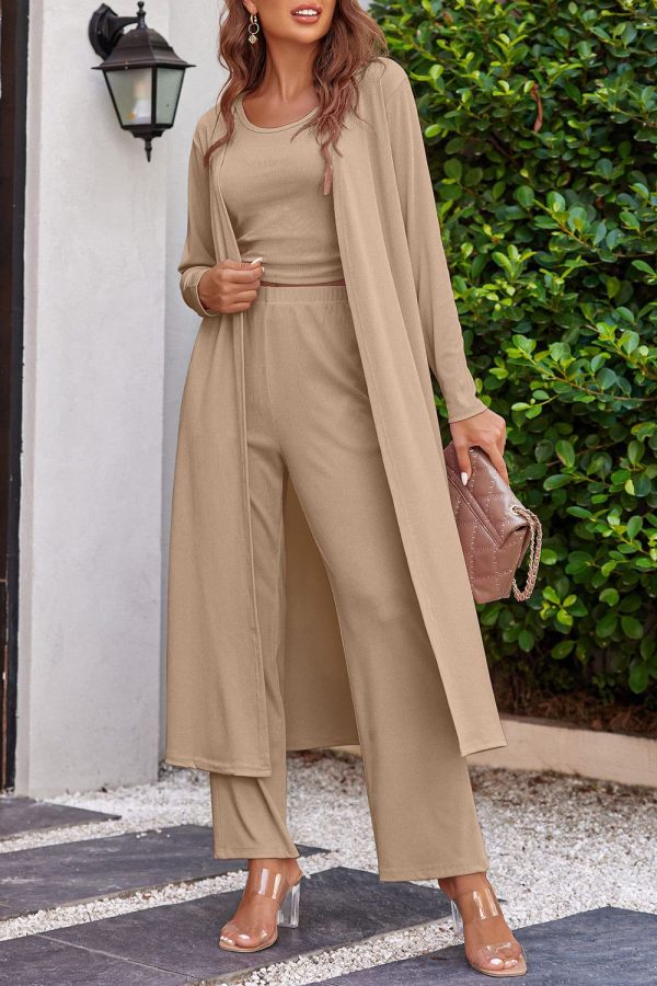 Hazel Blues® |  Drawstring Tank, Long Sleeve Cover Up and Pants Set - Tan / 2XL