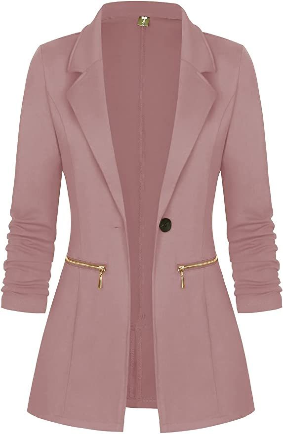 Genhoo Women's Long Sleeve Blazer Open Front Cardigan Jacket Work Office Blazer with Zipper Pockets S-3XL