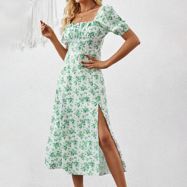 Floral Print Puff Sleeve Ruched Bust Slit Dress Women Square Neck High Waist A-line Long Dresses